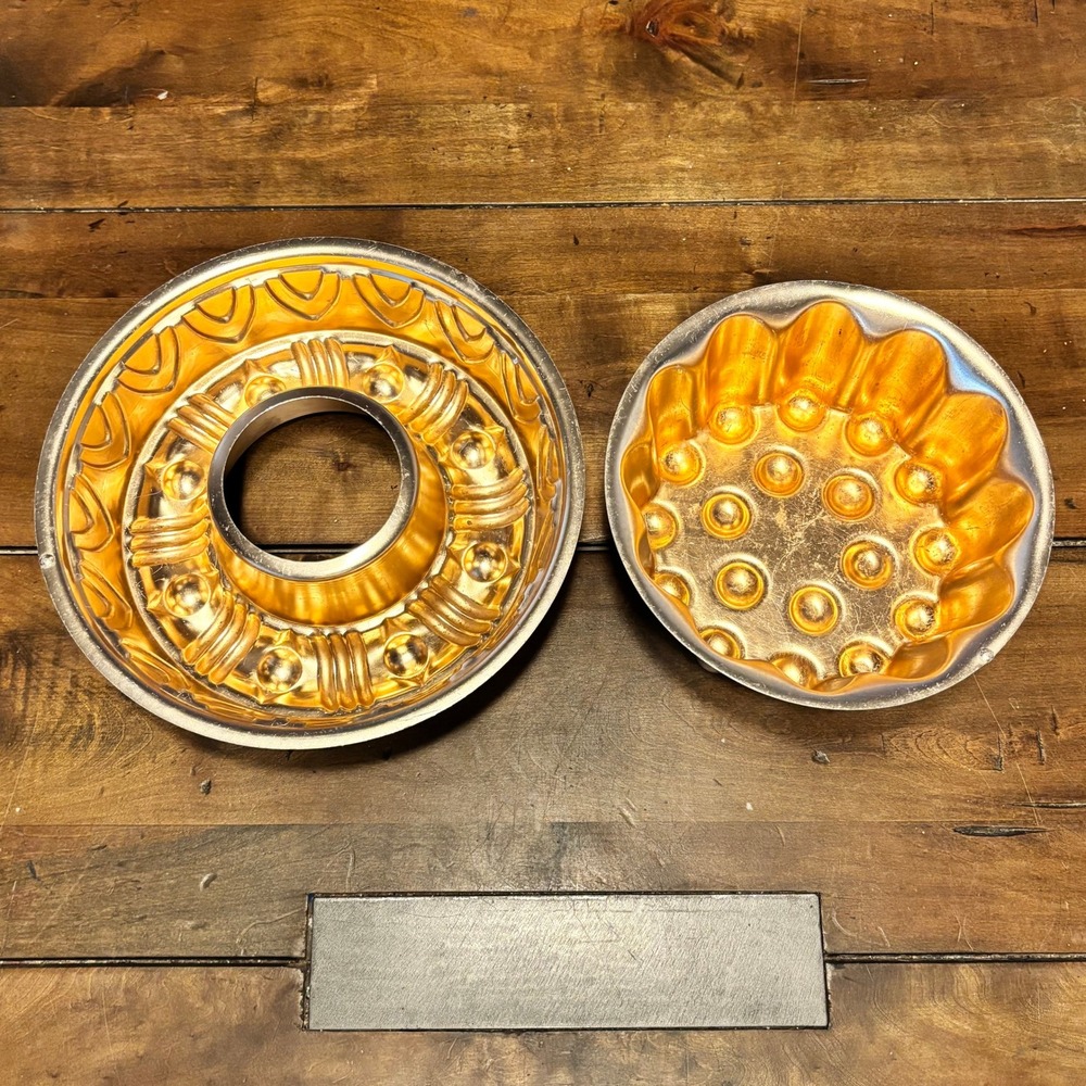2pc VTG 1980s 80s Copper Jello Mold Bundt Cake Pan Hanging Kitchen Wall Decor